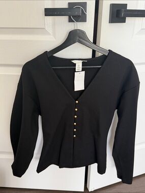 Black V-Neck Long Sleeve Top with Gold Buttons